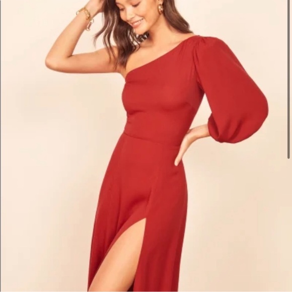 Reformation Red Lawrence One Shoulder High Slit MIDI Dress Sz 2 - Picture 2 of 10